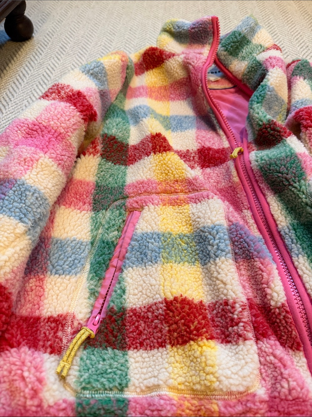 Boden Multicolor Check Sherpa Jacket - Pink, Green, Yellow, Blue, Red - Picture 3 of 6